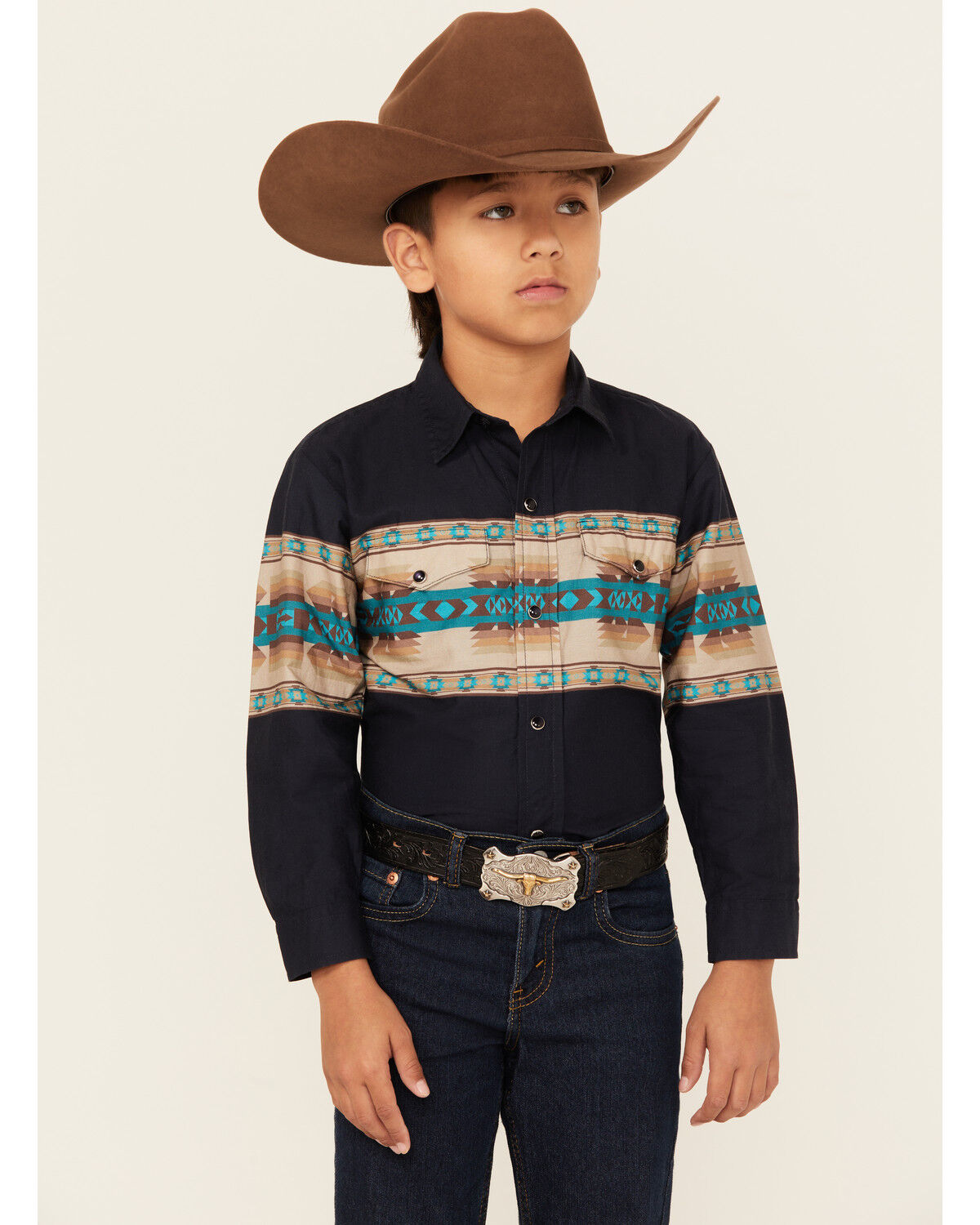 Image #1 - Roper Boys' Southwestern Border Print Long Sleeve Pearl Snap Western Shirt, Blue, hi-res