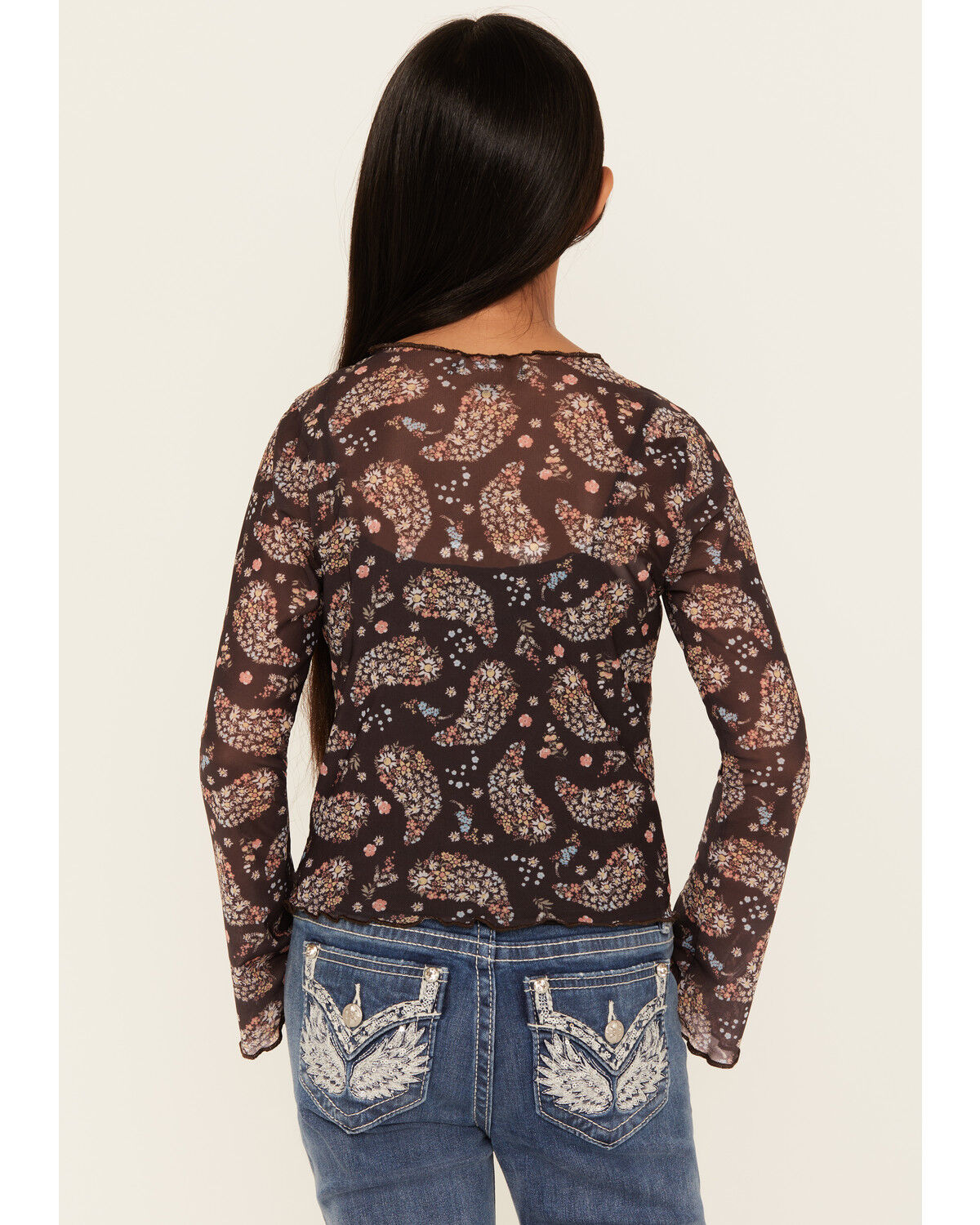 Image #4 - Trixxi Girls' Paisley Print Long Sleeve Mesh Top, Black, hi-res