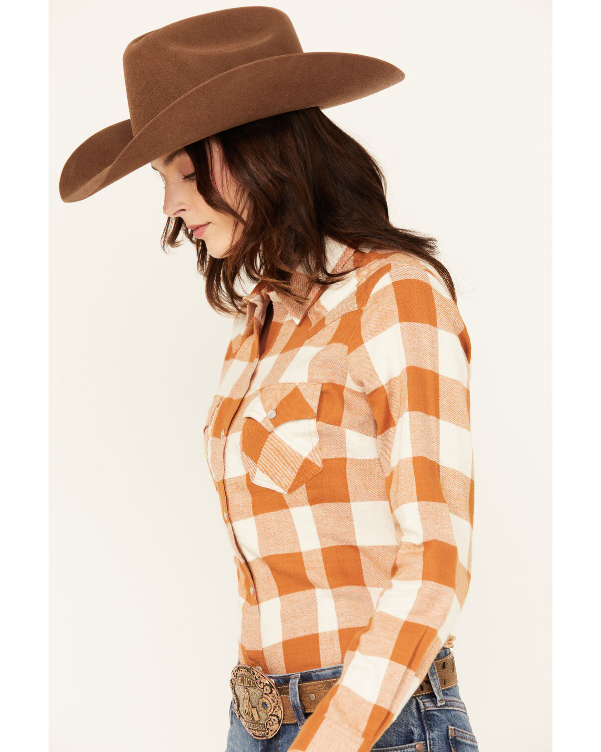 Image #2 - Wrangler Retro Women's Boot Barn Exclusive Plaid Print Long Sleeve Pearl Snap Flannel Shirt, Rust Copper, hi-res