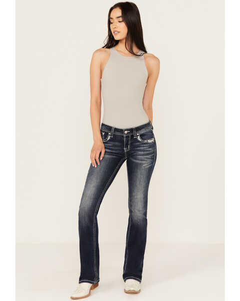 Image #3 - Grace in LA Women's Medium Wash Low Rise Floral Embroidered Pocket Stretch Bootcut Jeans , Dark Wash, hi-res