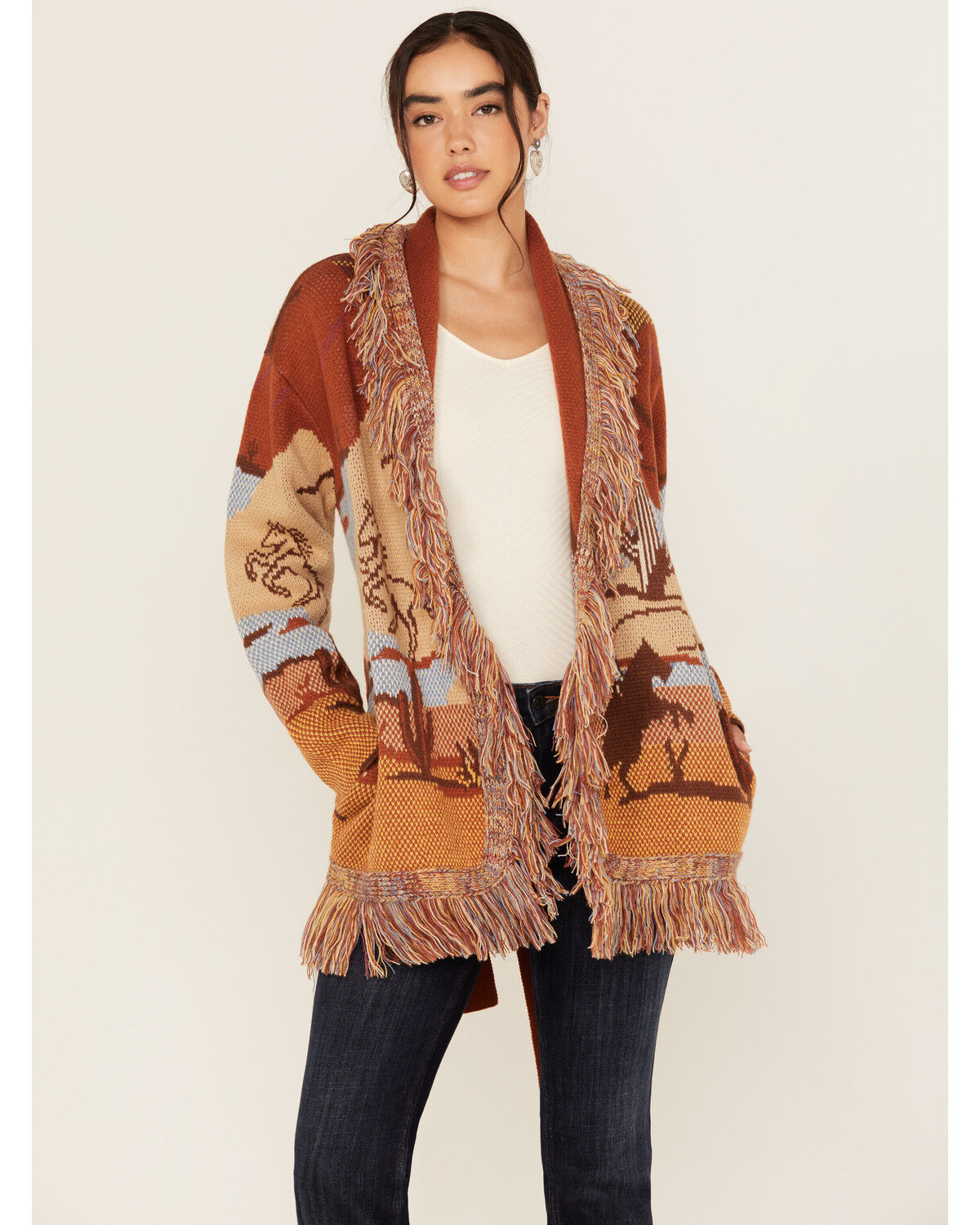 Image #1 - Idyllwind Women's Minette Western Scenic Fringe Cardigan, Lt Brown, hi-res