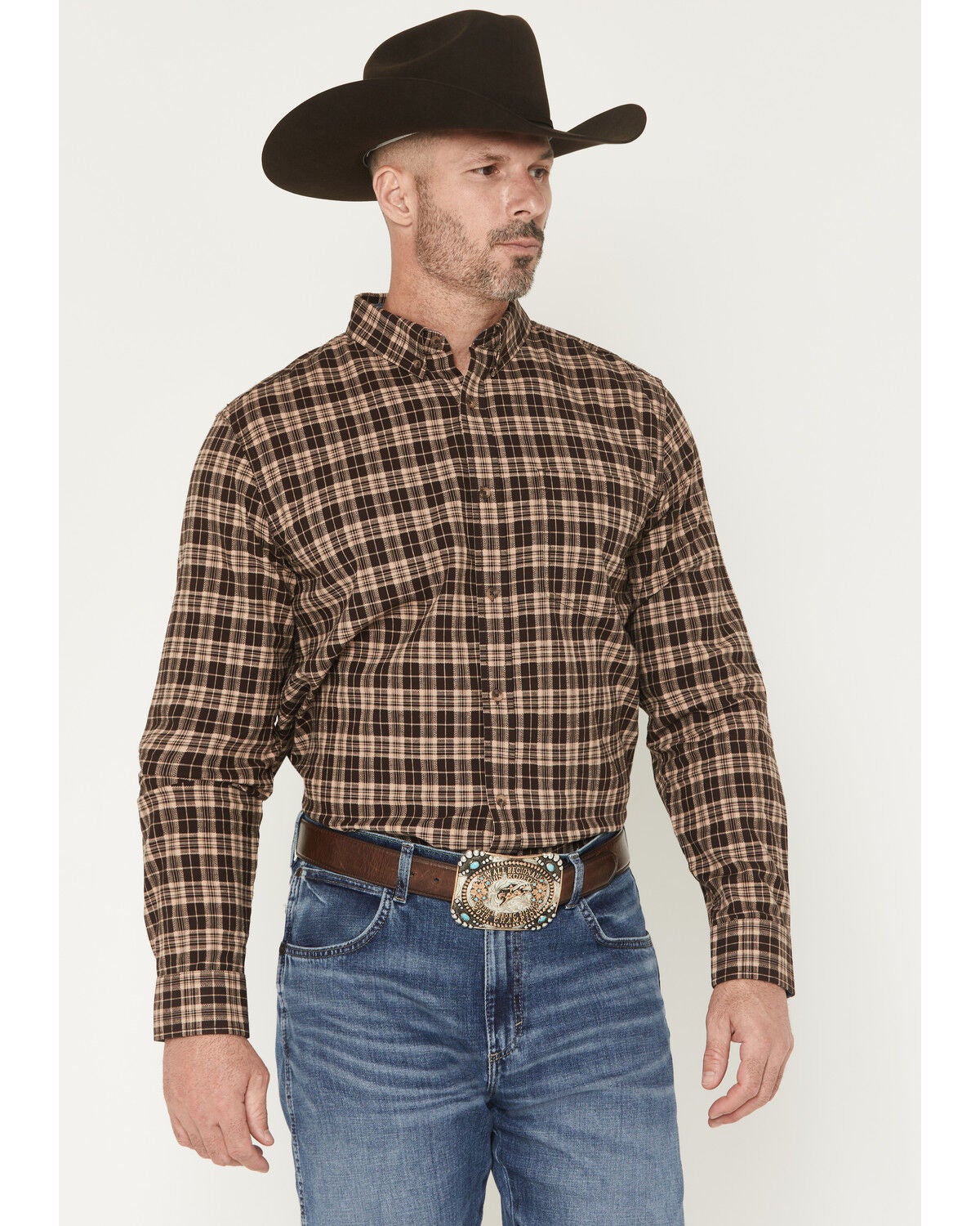 Image #1 - Cody James Men's Whiskey Ranch Plaid Print Long Sleeve Button-Down Stretch Western Shirt, Brown, hi-res