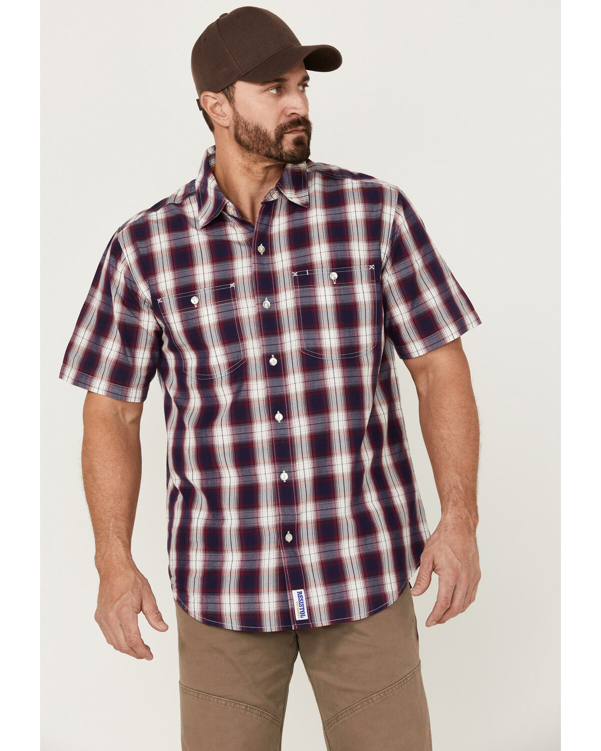 Image #1 - Resistol Men's Atlantis Ombre Plaid Print Short Sleeve Button Down Western Shirt, Navy, hi-res