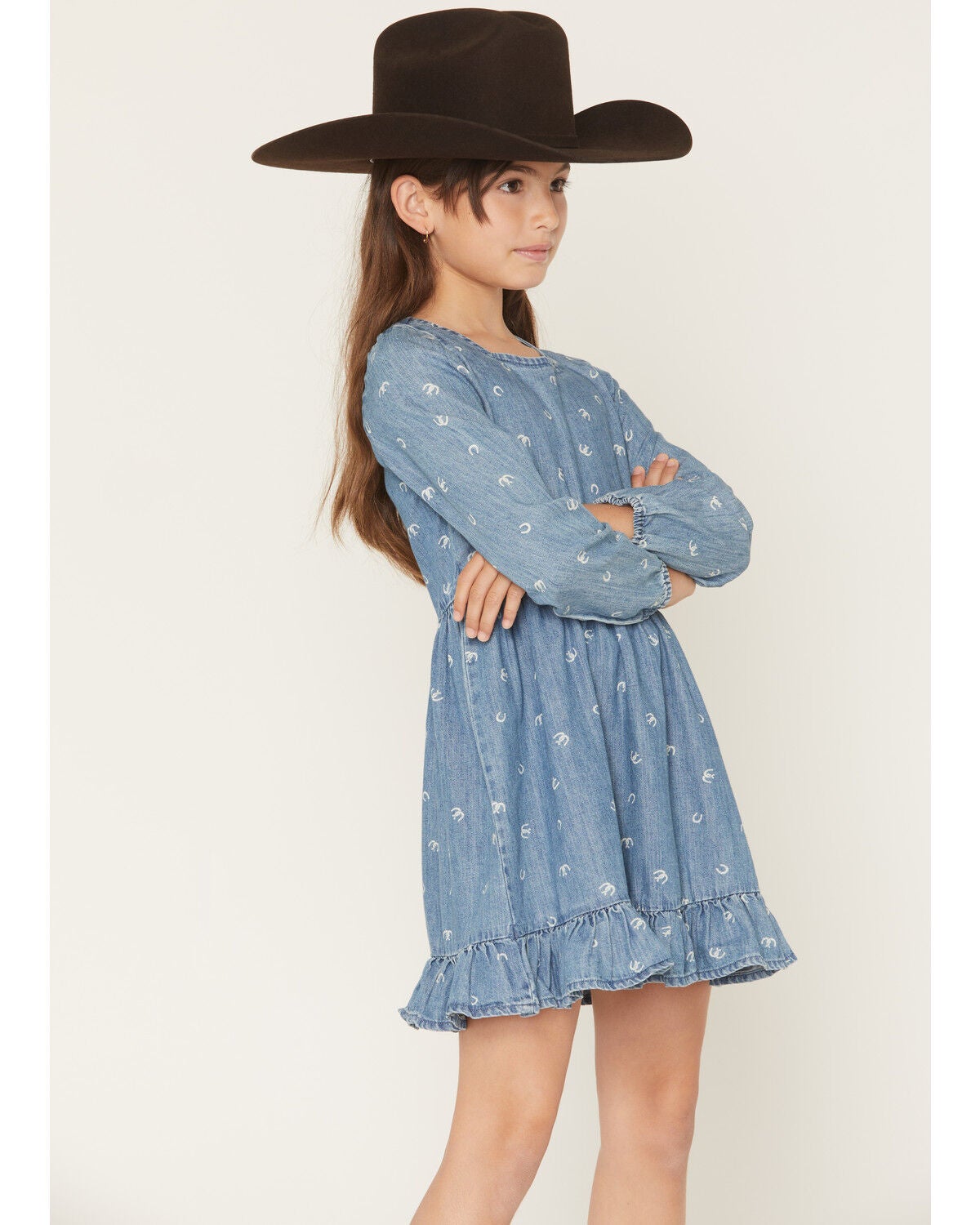 Image #2 - Wrangler Girls' Horseshoe Print Denim Dress, Blue, hi-res