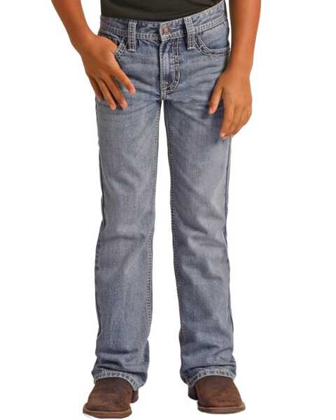 Image #2 - Rock & Roll Denim Boys' Medium Wash Flat Seam Bootcut Denim Jeans , Blue, hi-res