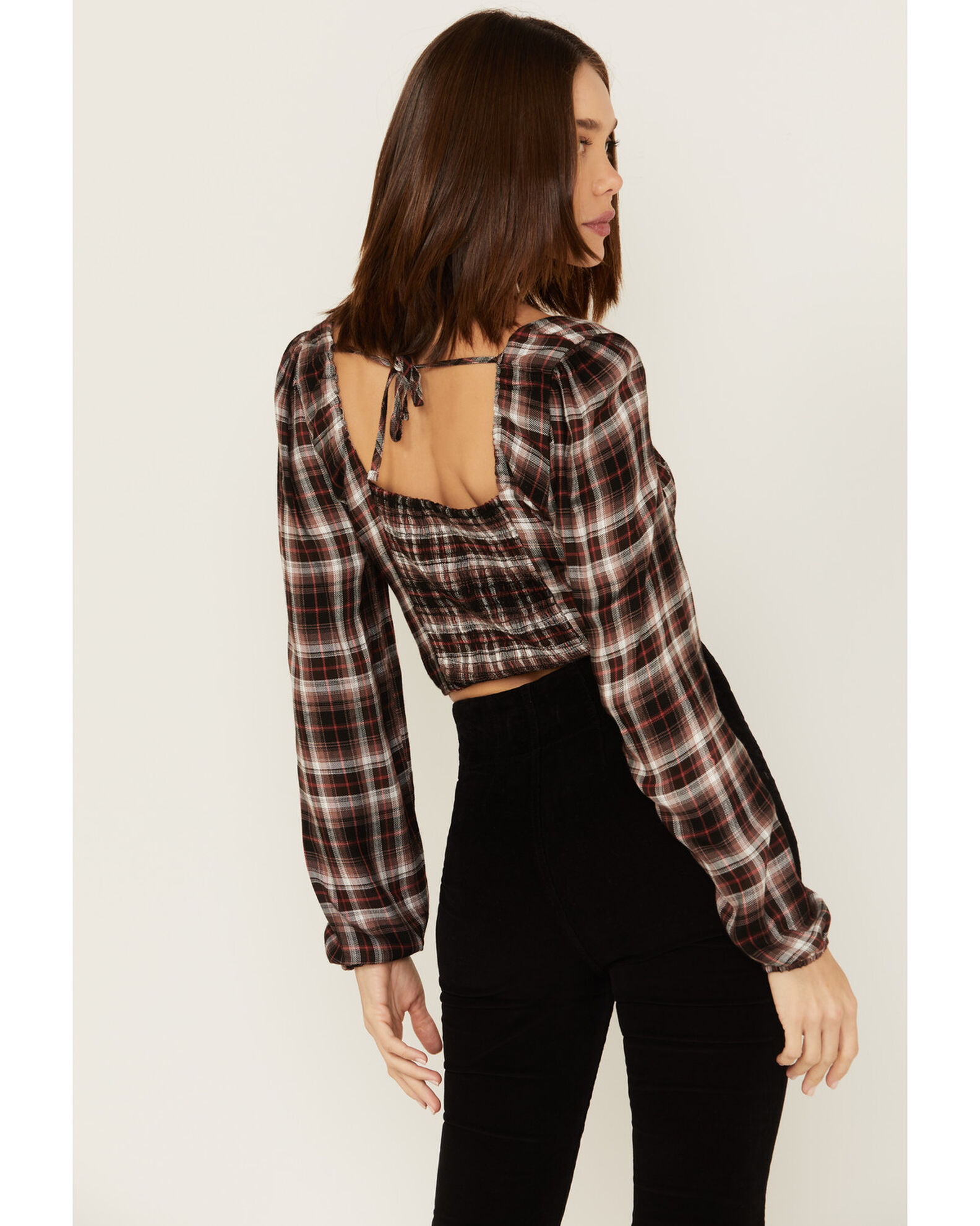 Image #4 - Wild Moss Women's Plaid Print Ruffle Tie Front Crop Top, Rust Copper, hi-res