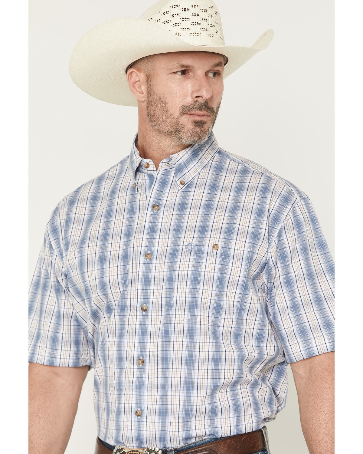Image #2 - George Strait by Wrangler Men's Plaid Print Short Sleeve Button-Down Stretch Western Shirt, Blue, hi-res