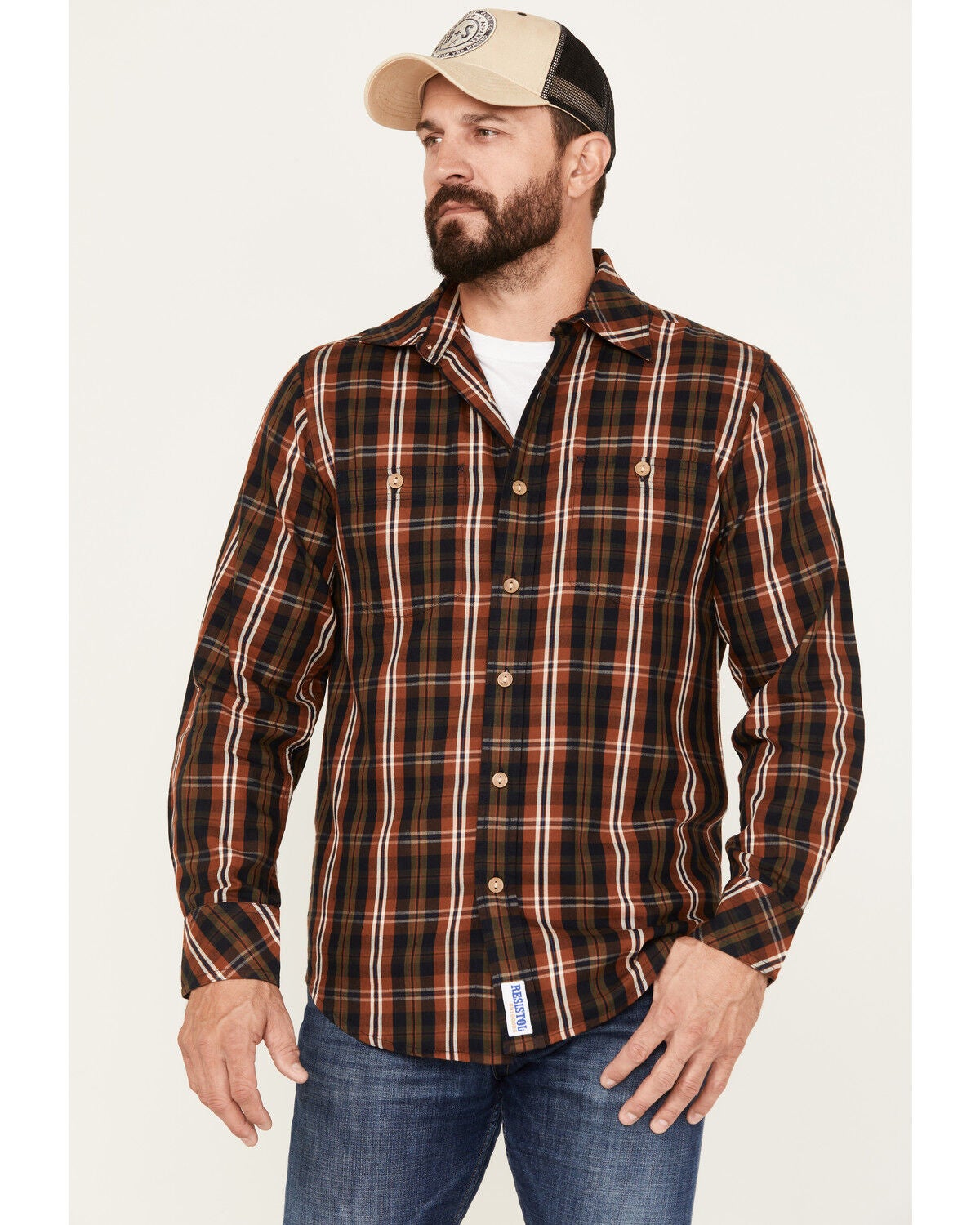 Resistol Men's Lamar Plaid Button Down Western Shirt, Rust Copper, hi-res