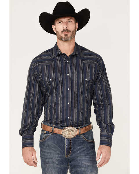 Image #1 - Roper Men's Striped Long Sleeve Pearl Snap Western Shirt, Black, hi-res