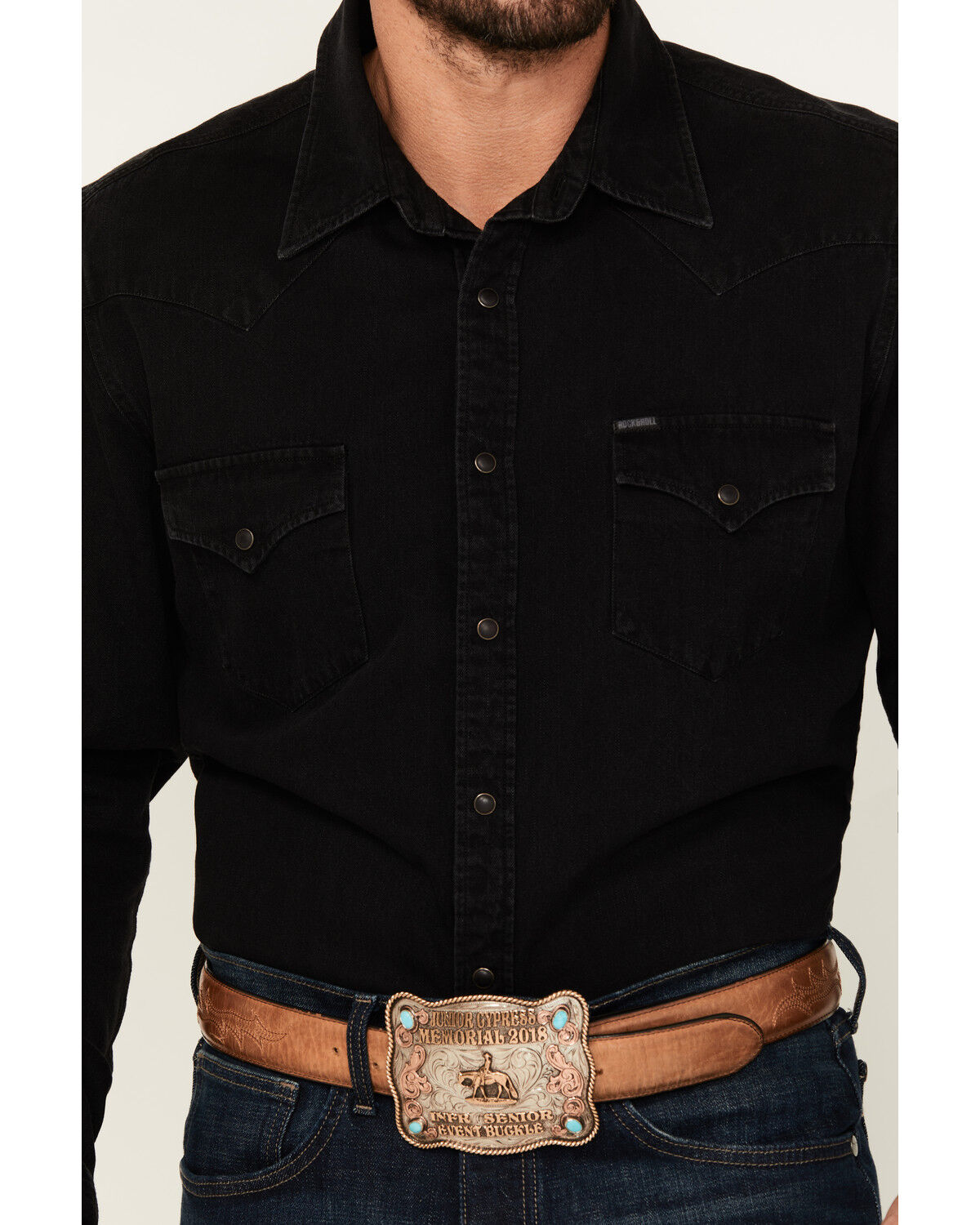 Image #3 - Rock & Roll Denim Men's Denim Long Sleeve Snap Western Shirt, Black, hi-res