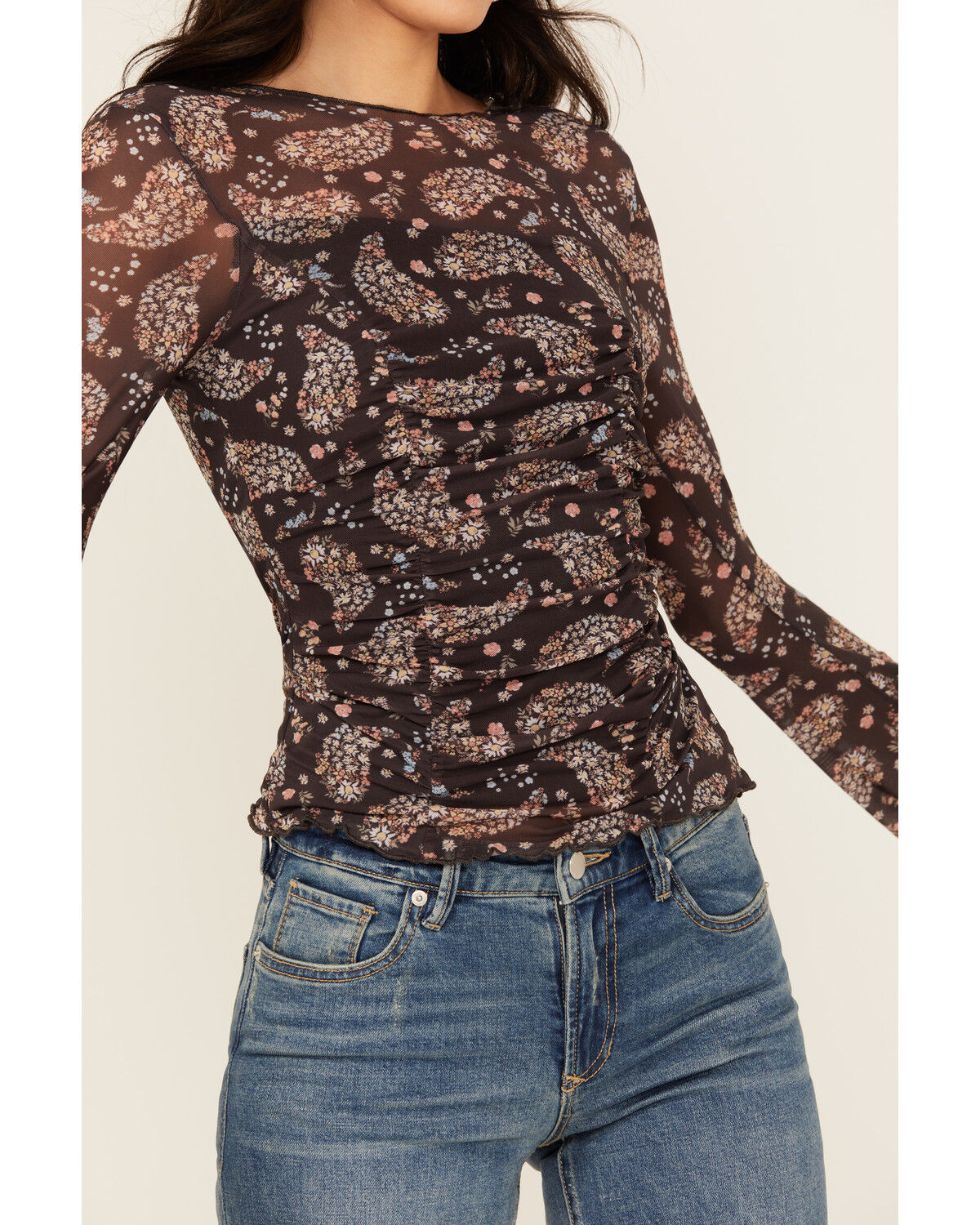 Image #3 - Ash & Violet Women's Paisley Print Mesh Seamed Long Sleeve Top, Black, hi-res