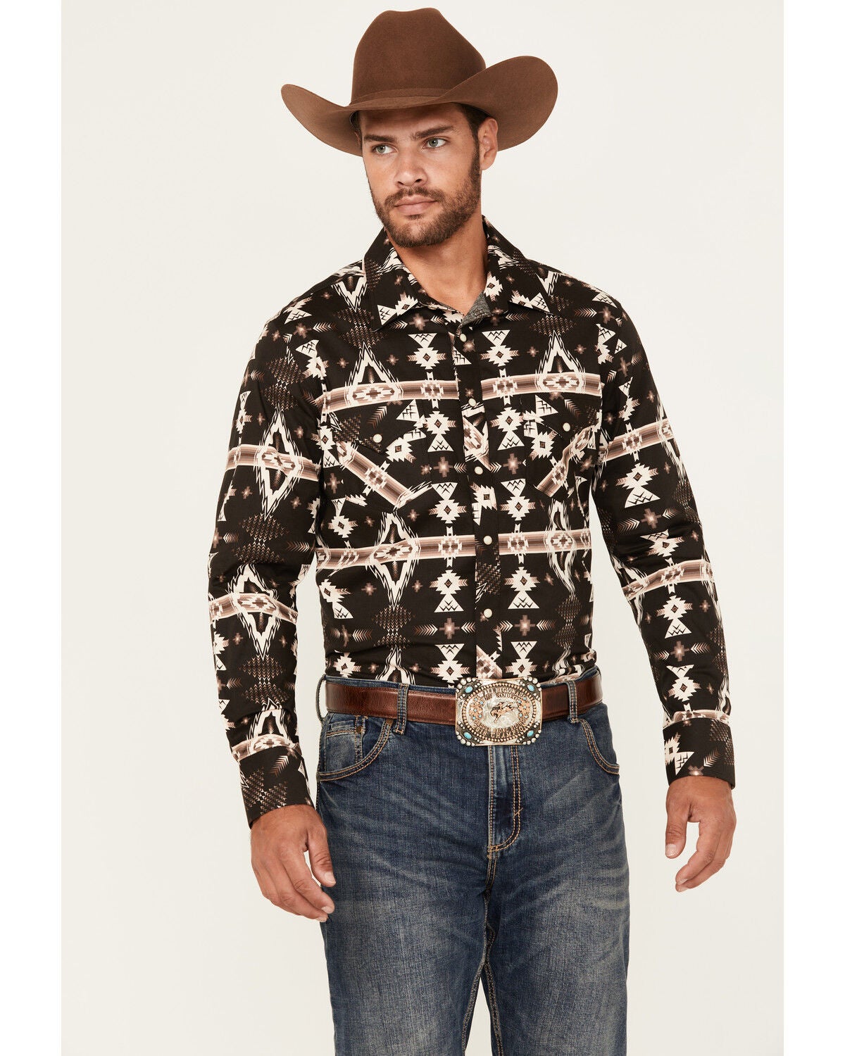 Rock & Roll Denim Men's Southwestern Print Long Sleeve Snap Stretch Western Shirt, Brown, hi-res