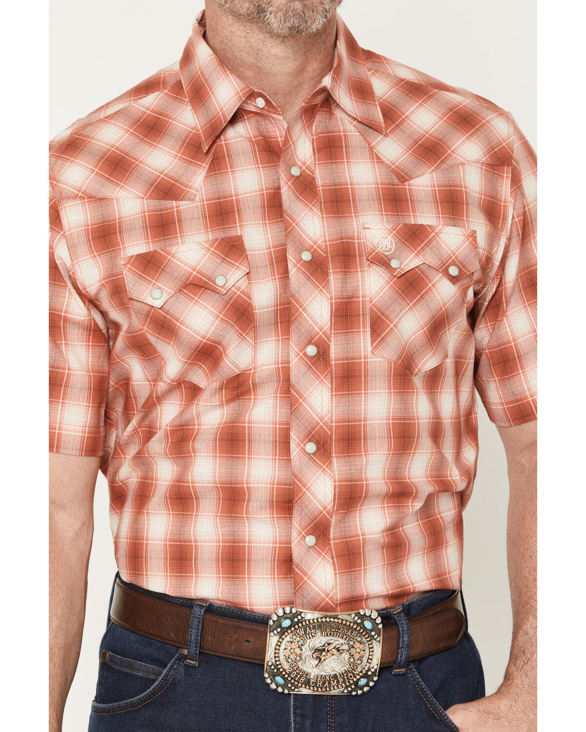 Image #3 - Wrangler Retro Men's Plaid Print Short Sleeve Snap Western Shirt, Orange, hi-res