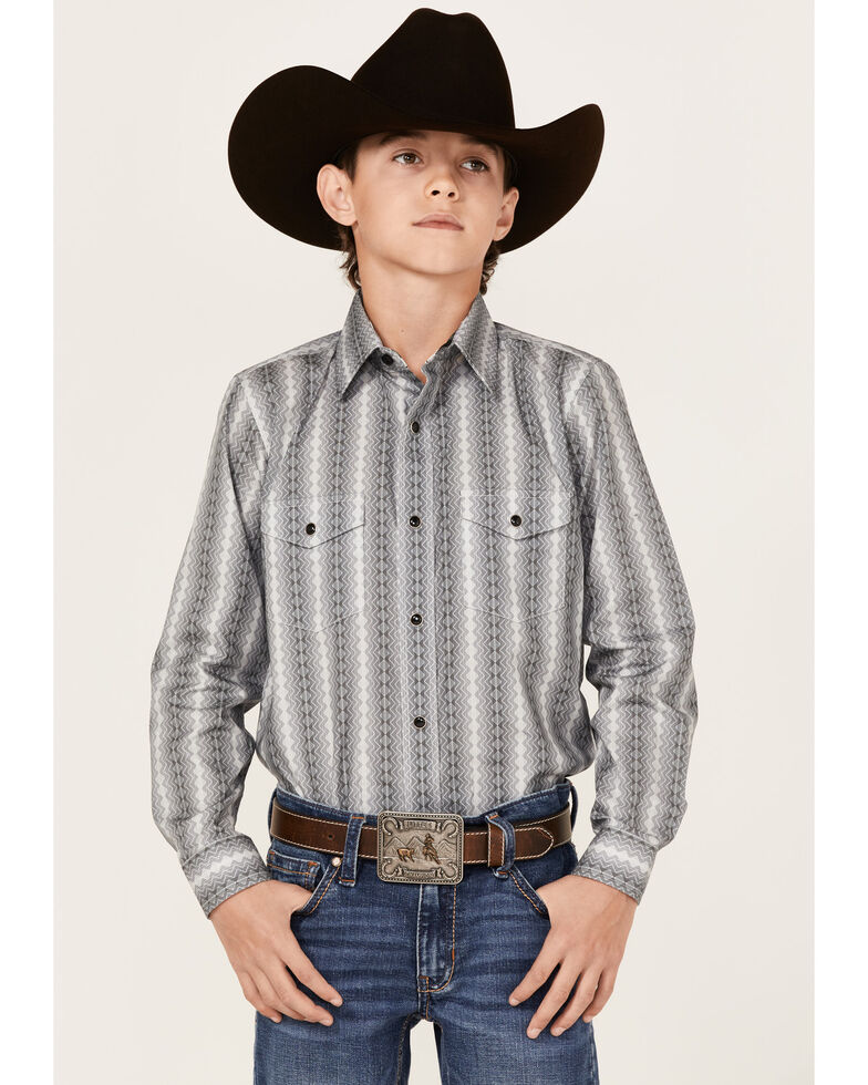 Panhandle Boys' Zig Zag Stripe Print Long Sleeve Western Snap Shirt, Silver, hi-res