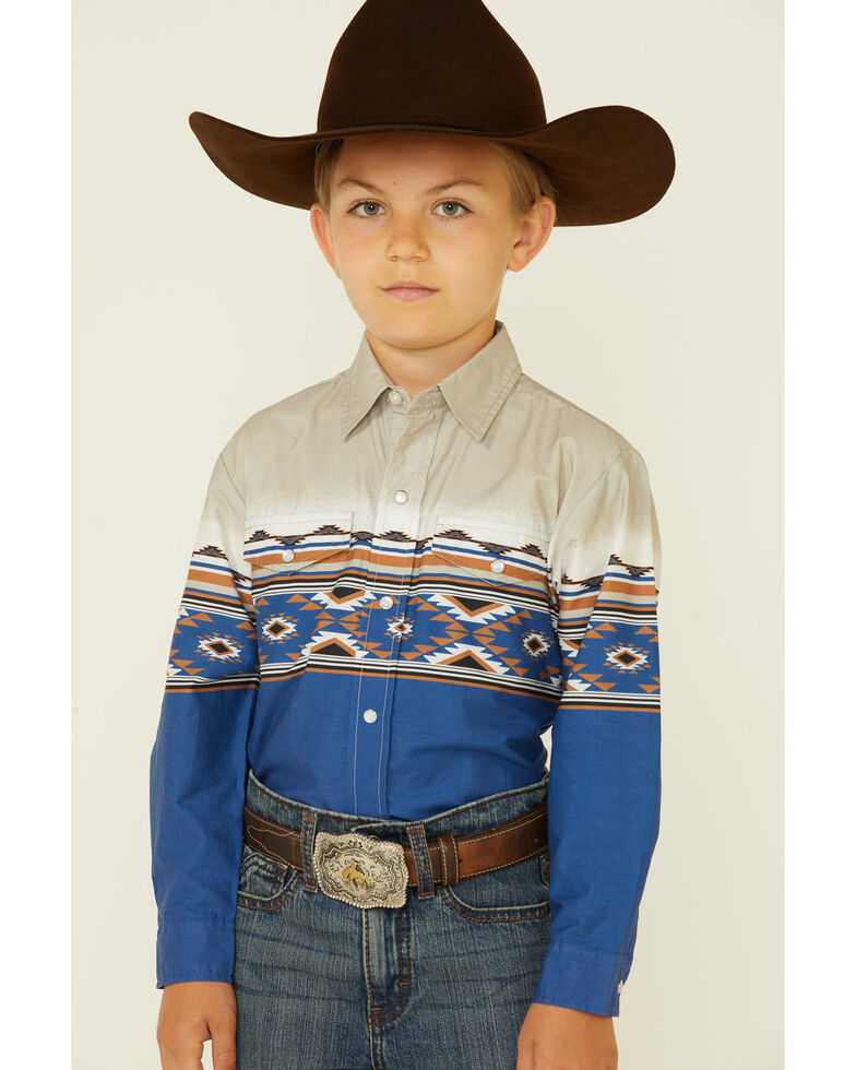 Roper Boys' Vintage Arizona Southwestern Border Print Long Sleeve Snap Western Shirt , Blue, hi-res