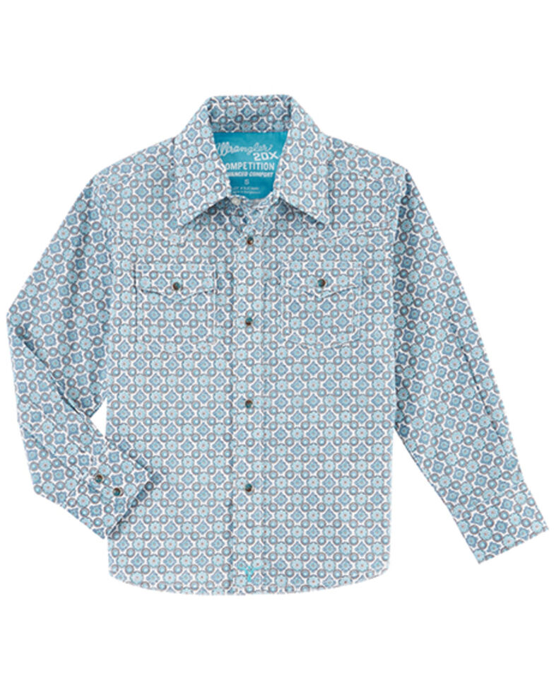 Wrangler Boys' 20X Geo Print Western Long Sleeve Snap Shirt, Blue, hi-res