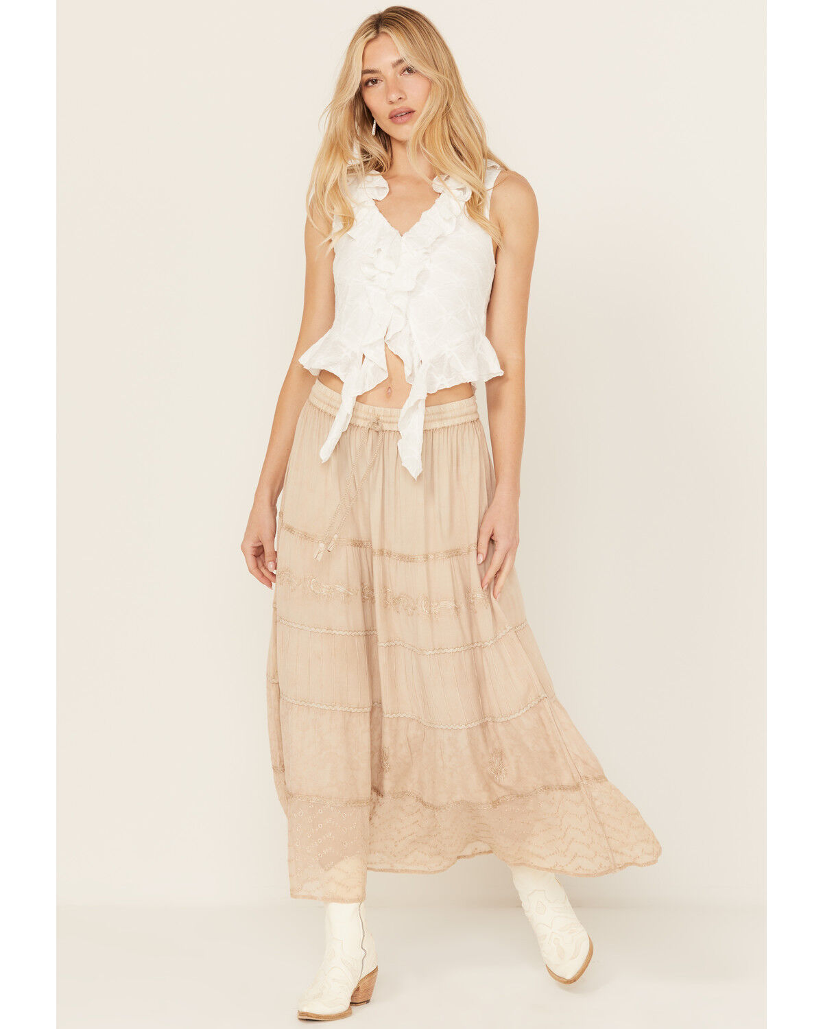 Image #1 - Gunit Women's Tiered Midi Skirt, Ivory, hi-res