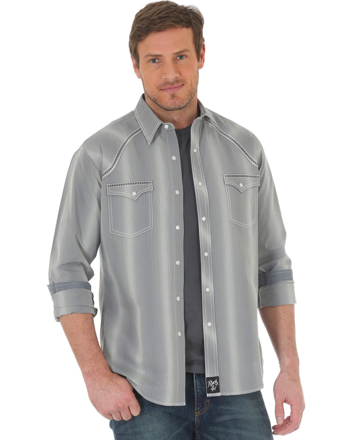 Image #1 - Rock 47 by Wrangler Men's Vertical Stripe Long Sleeve Snap Shirt, , hi-res