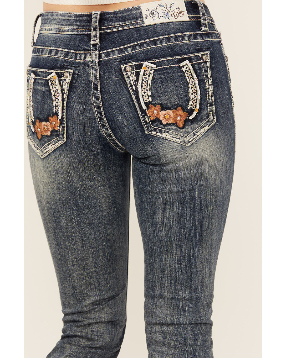 Image #2 - Grace In LA Women's Light Wash Floral Horseshoe Pocket Mid Rise Bootcut Stretch Denim Jeans, Light Wash, hi-res