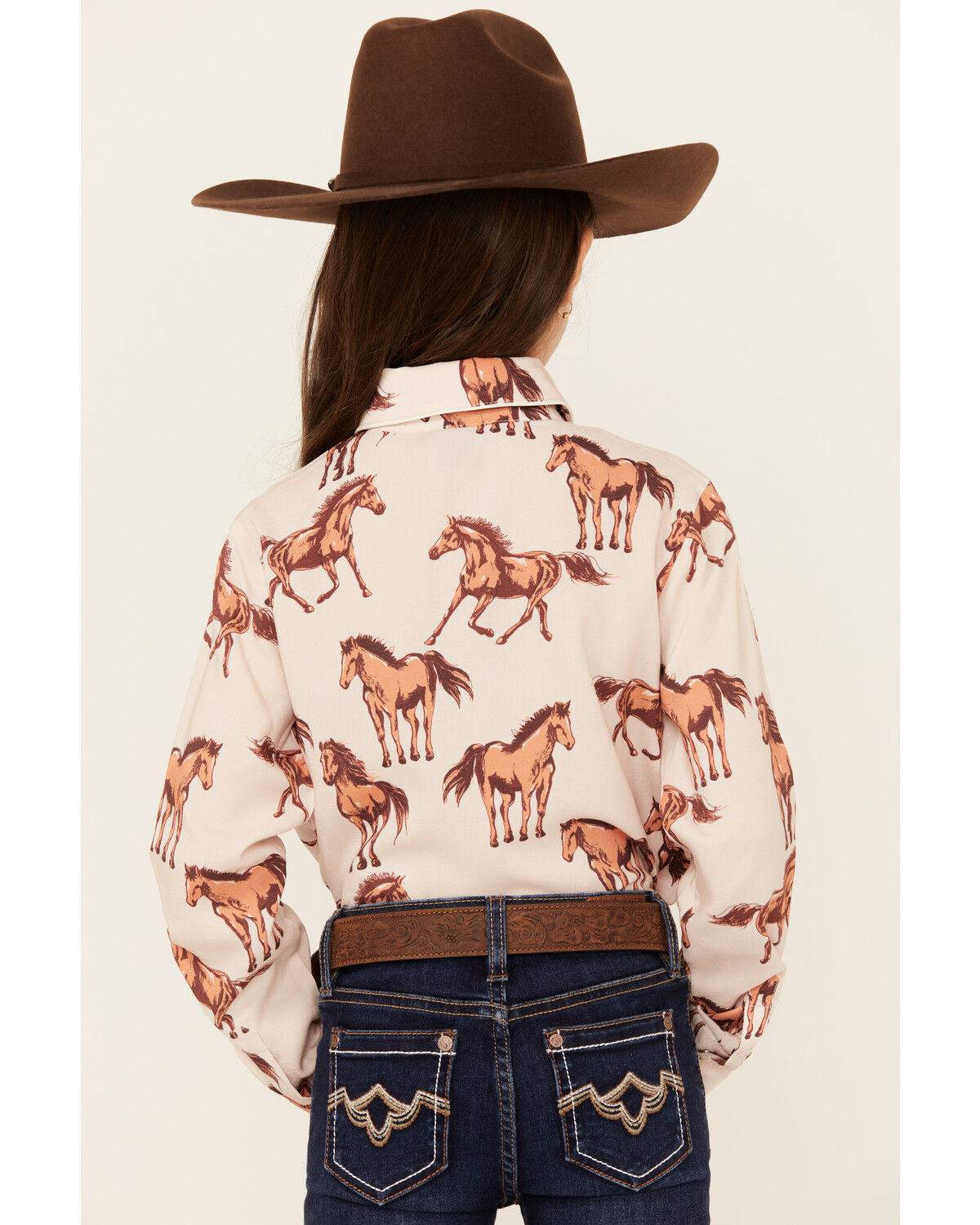 Image #4 - Panhandle Girls' Horse Print Fringe Long Sleeve Snap Western Shirt, , hi-res