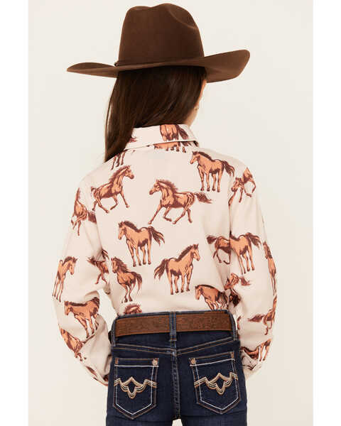 Image #4 - Panhandle Girls' Horse Print Fringe Long Sleeve Snap Western Shirt , Natural, hi-res