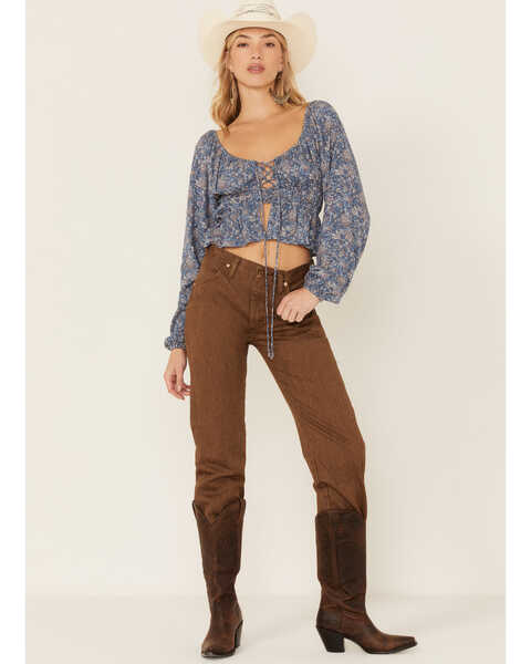 Image #4 - Wild Moss Long Sleeve Tie Front Ranched Floral Top, Blue, hi-res
