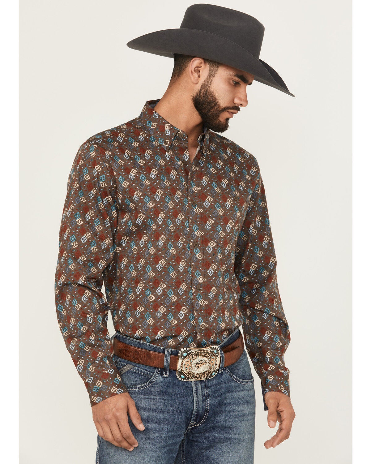 RANK 45&reg; Men's Hudson Geo Southwestern Print Long Sleeve Button-Down Stretch Western Shirt, Brown, hi-res