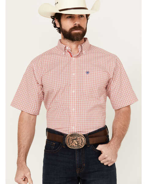 Ariat Men's Duke Plaid Print Short Sleeve Button-Down Performance Western Shirt , Red, hi-res