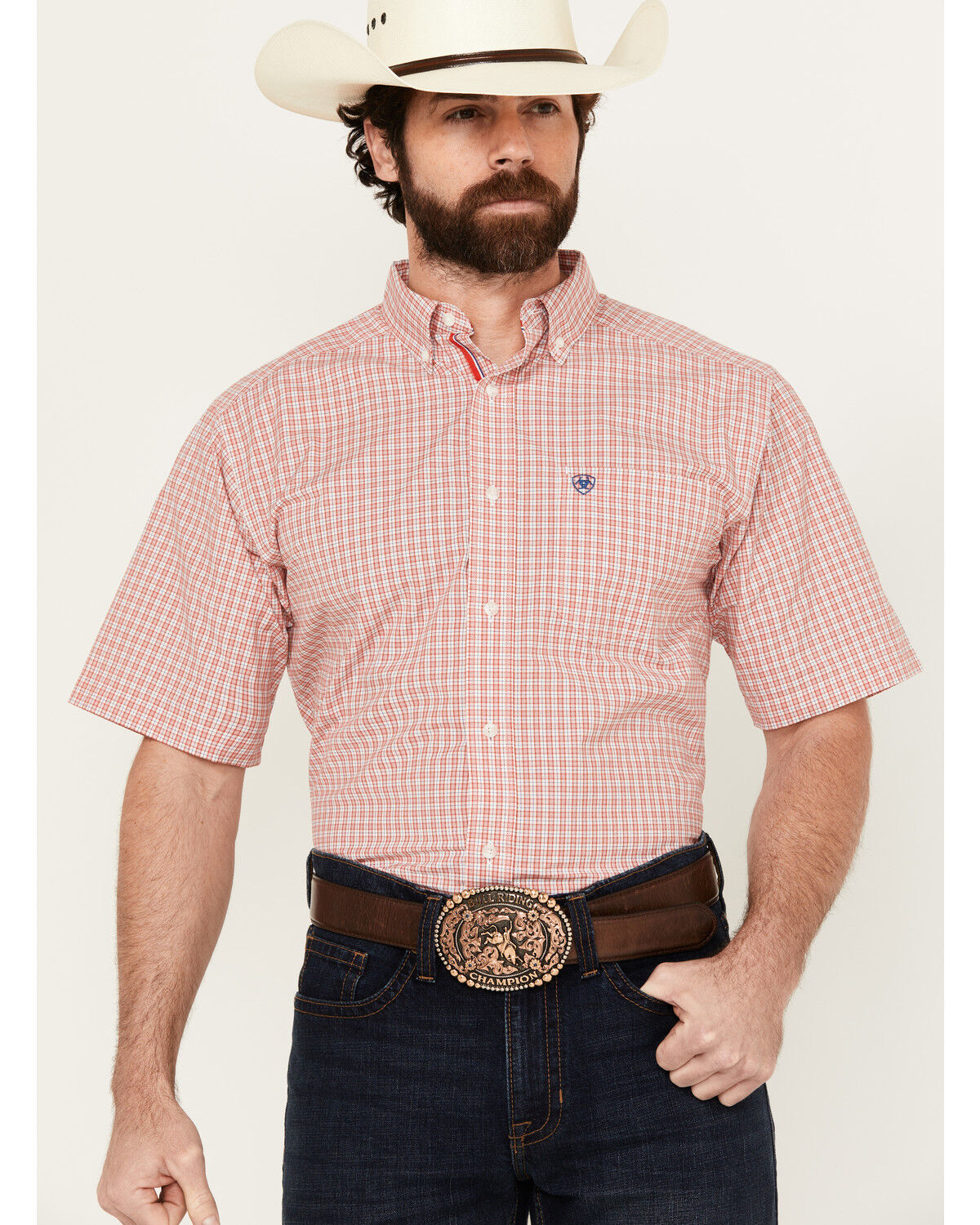 Image #1 - Ariat Men's Duke Plaid Print Short Sleeve Button-Down Performance Western Shirt, Red, hi-res