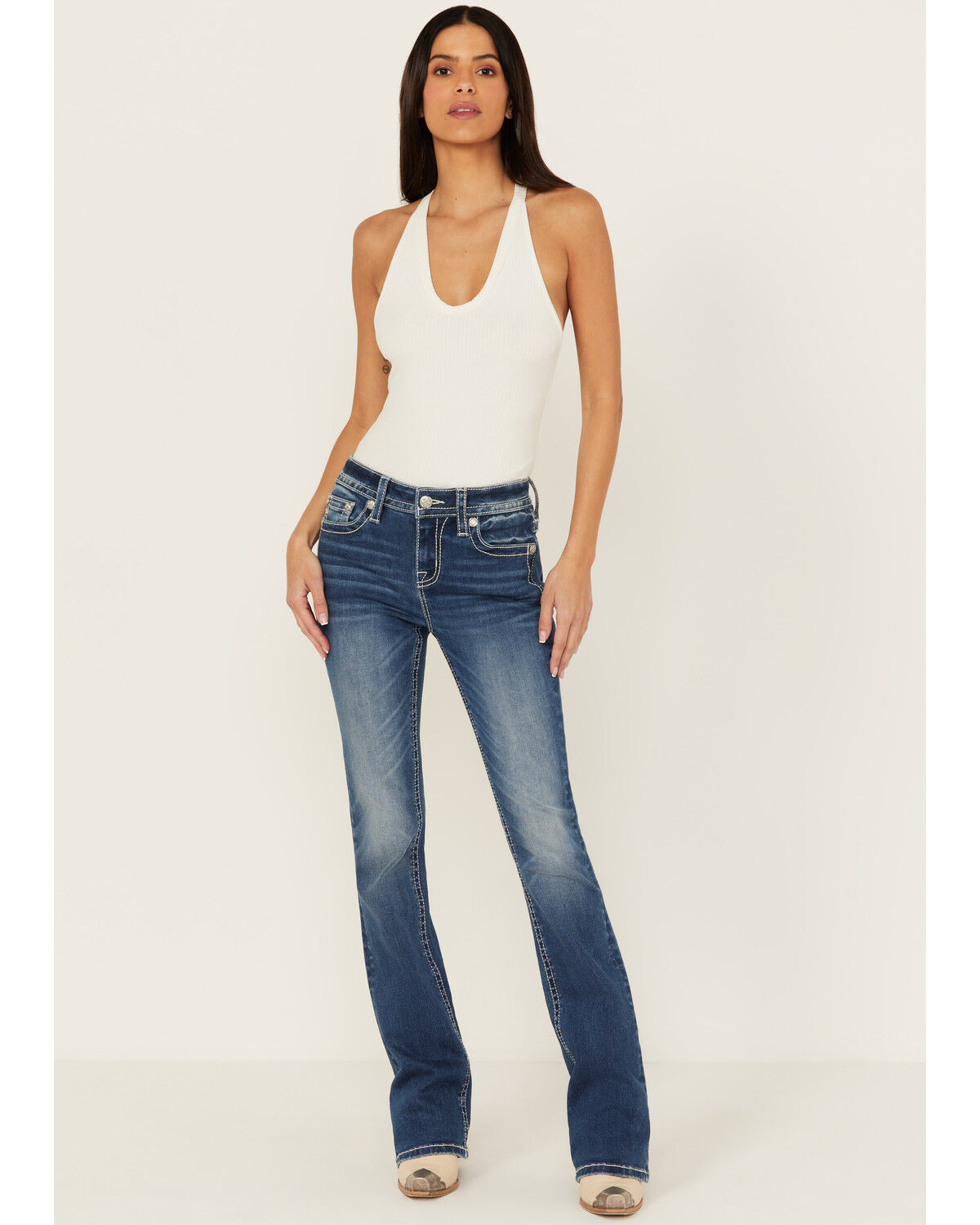 Image #3 - Miss Me Women's Dark Wash Mid Rise Faux Cowhide Longhorn Bootcut Stretch Denim Jeans, , hi-res