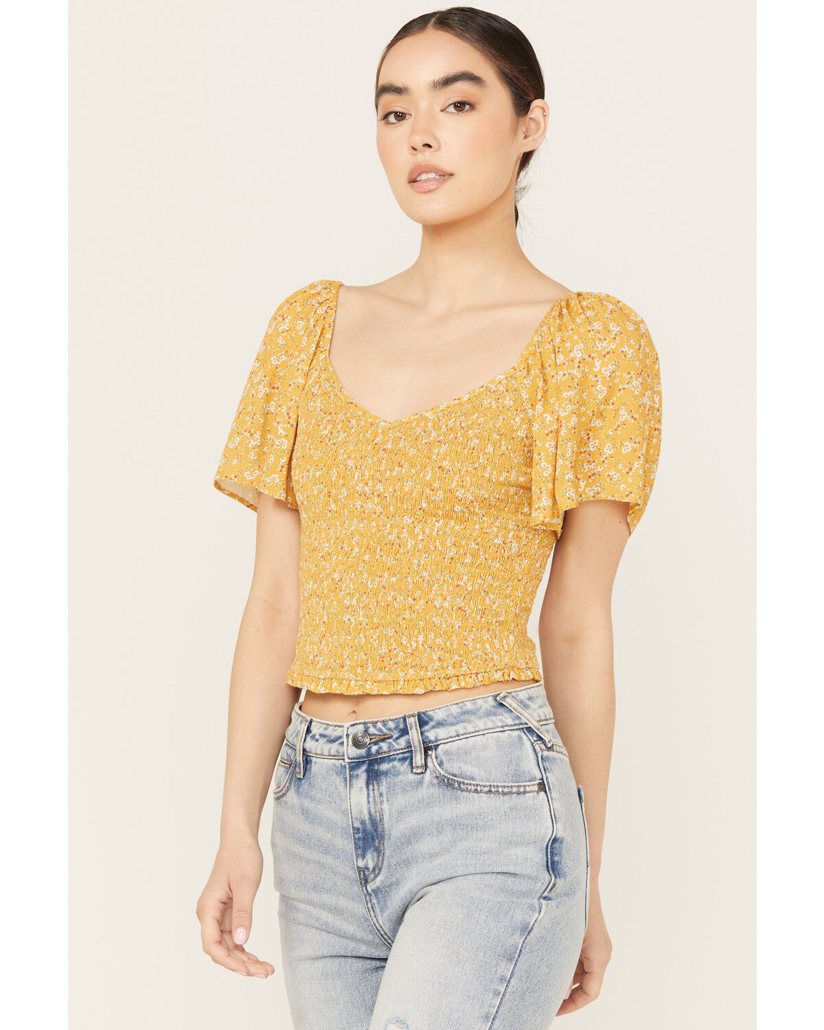 Image #2 - Beyond The Radar Women's Floral Printed Smocked Top, Mustard, hi-res