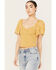 Image #2 - Beyond The Radar Women's Floral Printed Smocked Top, Mustard, hi-res