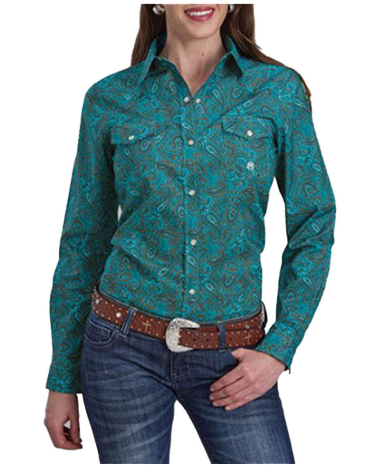 Image #1 - Roper Women's Paisley Print Long Sleeve Snap Western Shirt, Teal, hi-res