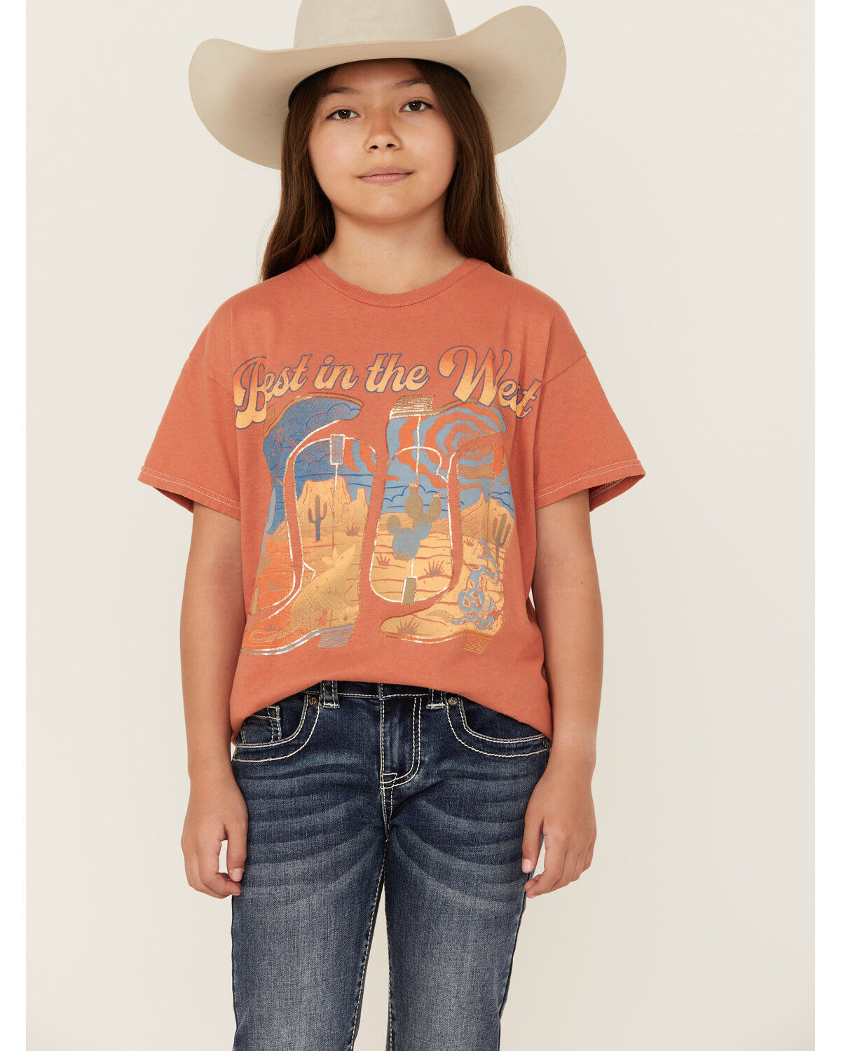 Image #1 - American Highway Girls' Best In The West Short Sleeve Graphic Tee, Rust Copper, hi-res