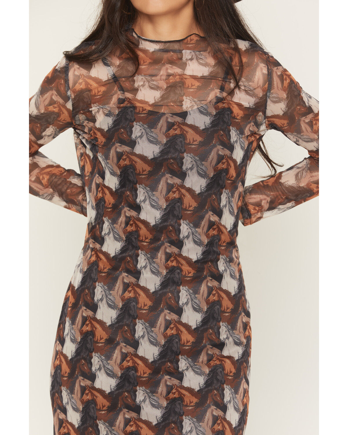 Image #3 - Rock & Roll Denim Women's Horse Print Long Sleeve Mesh Mini Dress, Black, hi-res