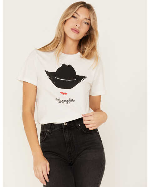 Wrangler Women's Cowgirl Hat Logo Graphic Tee, Ivory, hi-res
