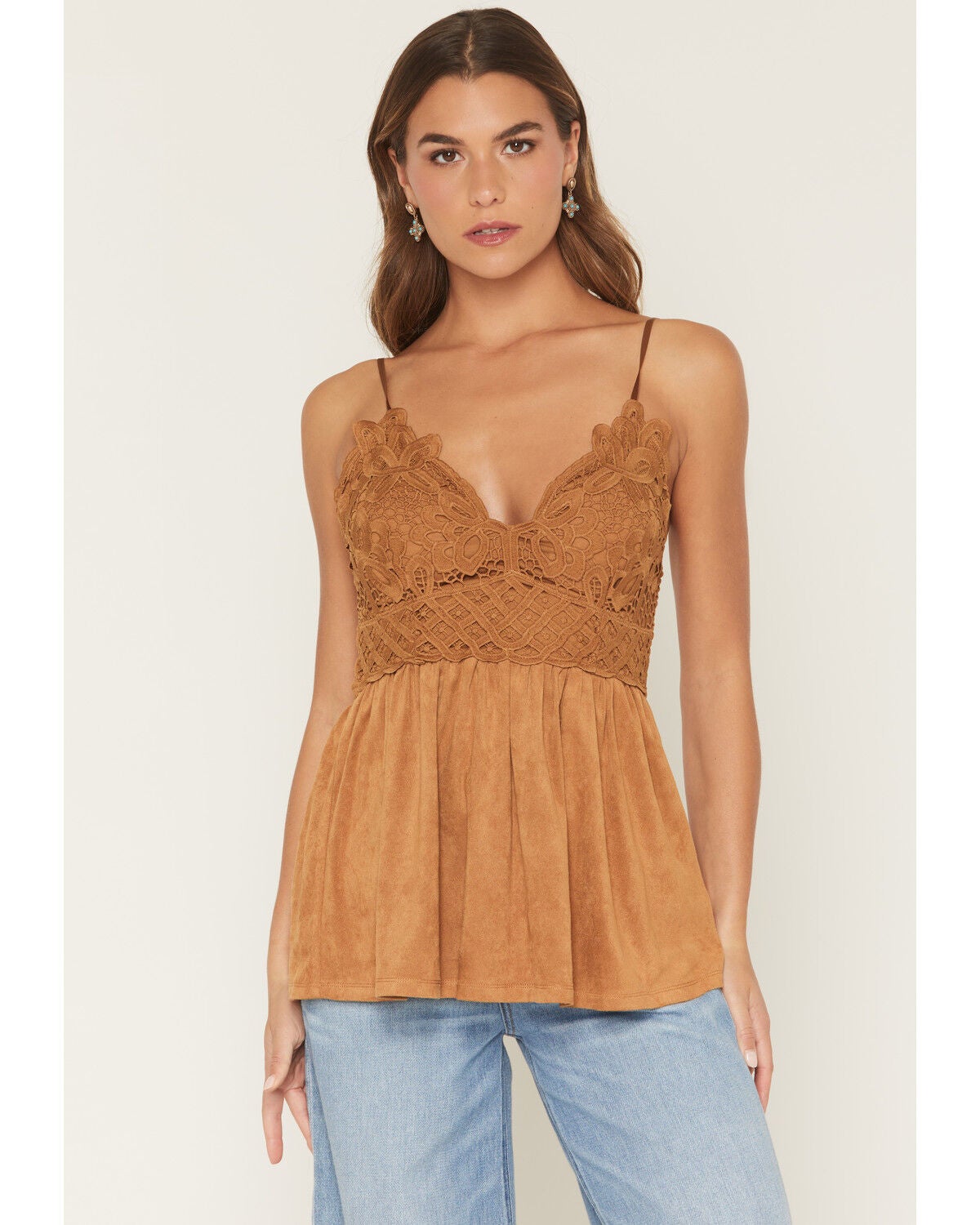 Blue B Women's Sleeveless Faux Suede Lace Bustier Tank, Camel, hi-res