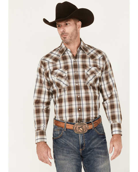 Ely Walker Men's Plaid Print Long Sleeve Pearl Snap Western Shirt, Brown, hi-res