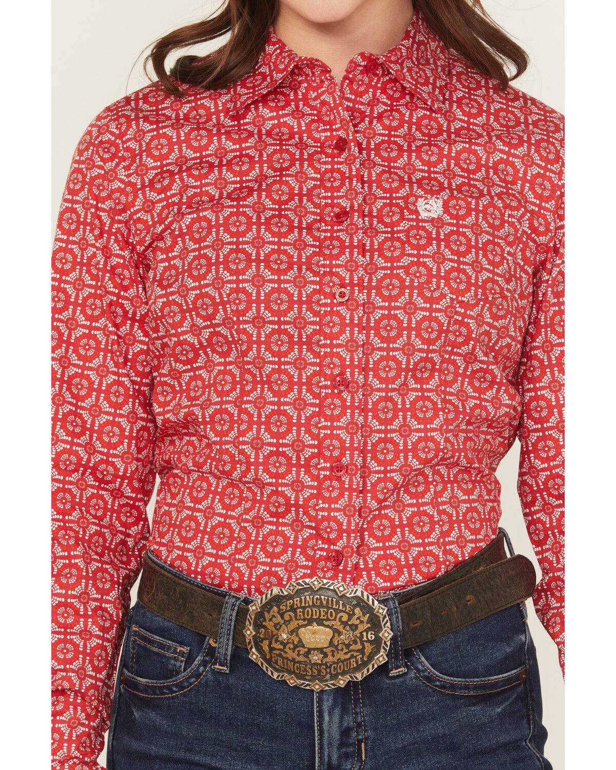 Image #3 - Cinch Women's Geo Print Long Sleeve Button-Down Stretch Western Shirt, Red, hi-res
