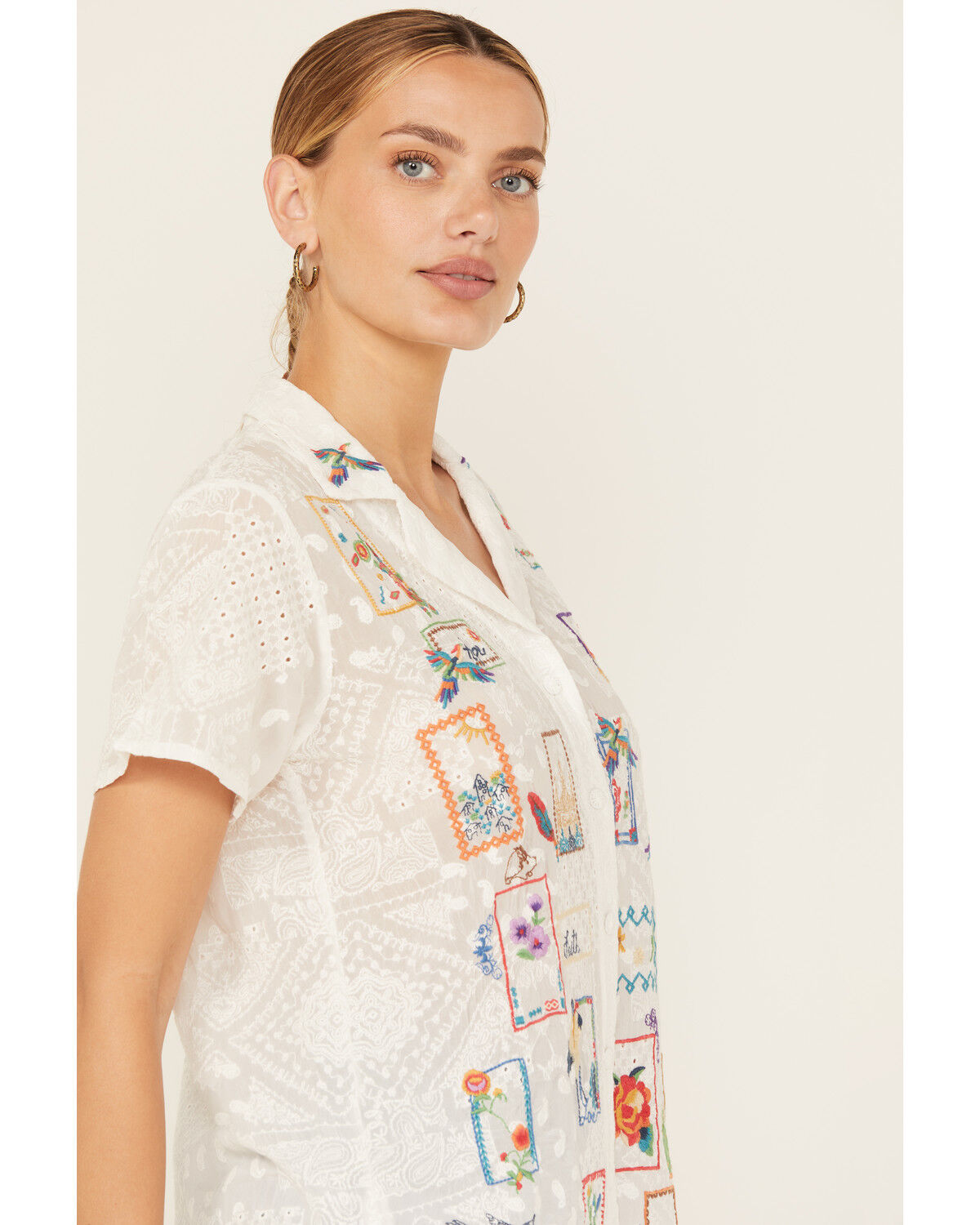 Image #2 - Johnny Was Women's Cooper Embroidered Short Sleeve Button-Down Blouse, White, hi-res