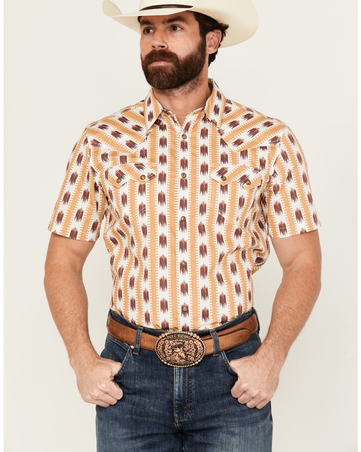 Image #1 - Cody James Men's Saint Abstract Striped Short Sleeve Snap Western Shirt, Ivory, hi-res