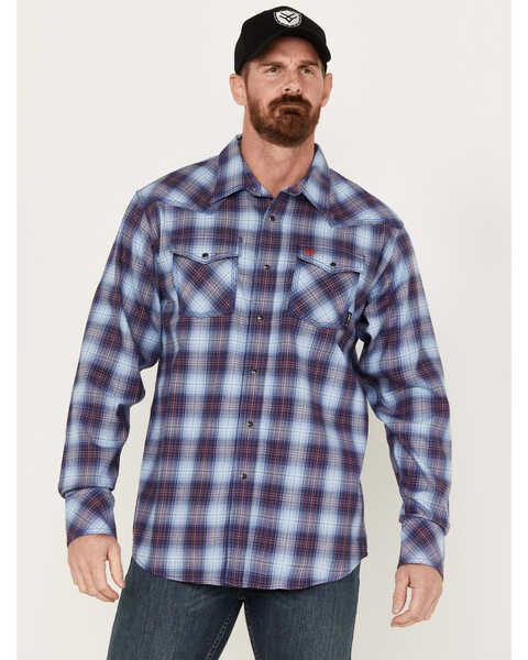 Ariat Men's FR Dagger Plaid Print Long Sleeve Snap Work Shirt, Blue, hi-res
