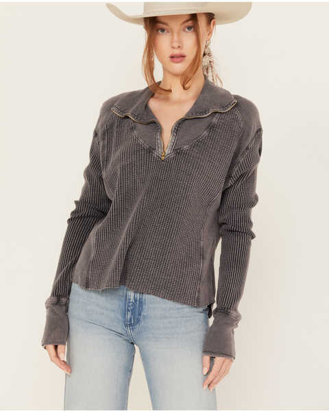 Image #1 - Free People Women's Ashton Zip Thermal Long Sleeve Pullover , Charcoal, hi-res