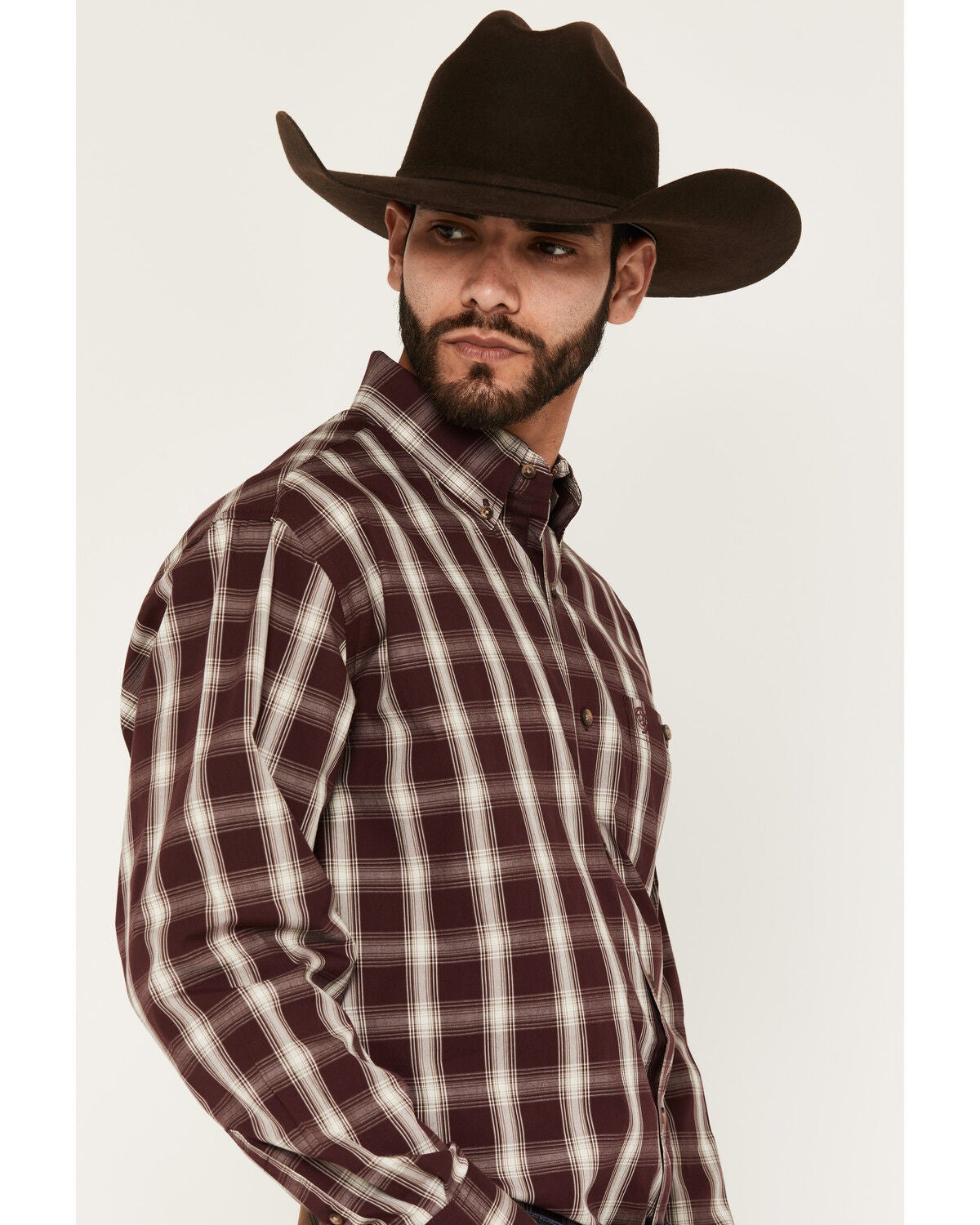 Image #2 - George Straight by Wrangler Men's Plaid Print Long Sleeve Button-Down Stretch Western Shirt, Burgundy, hi-res
