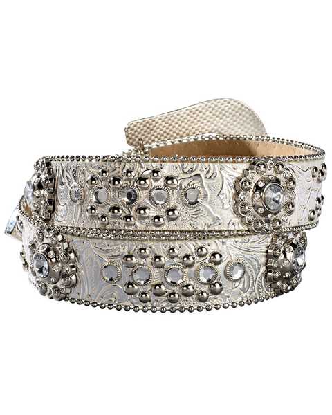 Image #2 - Blazin Roxx Floral Concho & Crystal Metallic Silver Leather Belt, Silver, hi-res