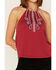 Rock & Roll Denim Women's Southwestern Paisley Embroidered Halter Tank Top, Red, hi-res