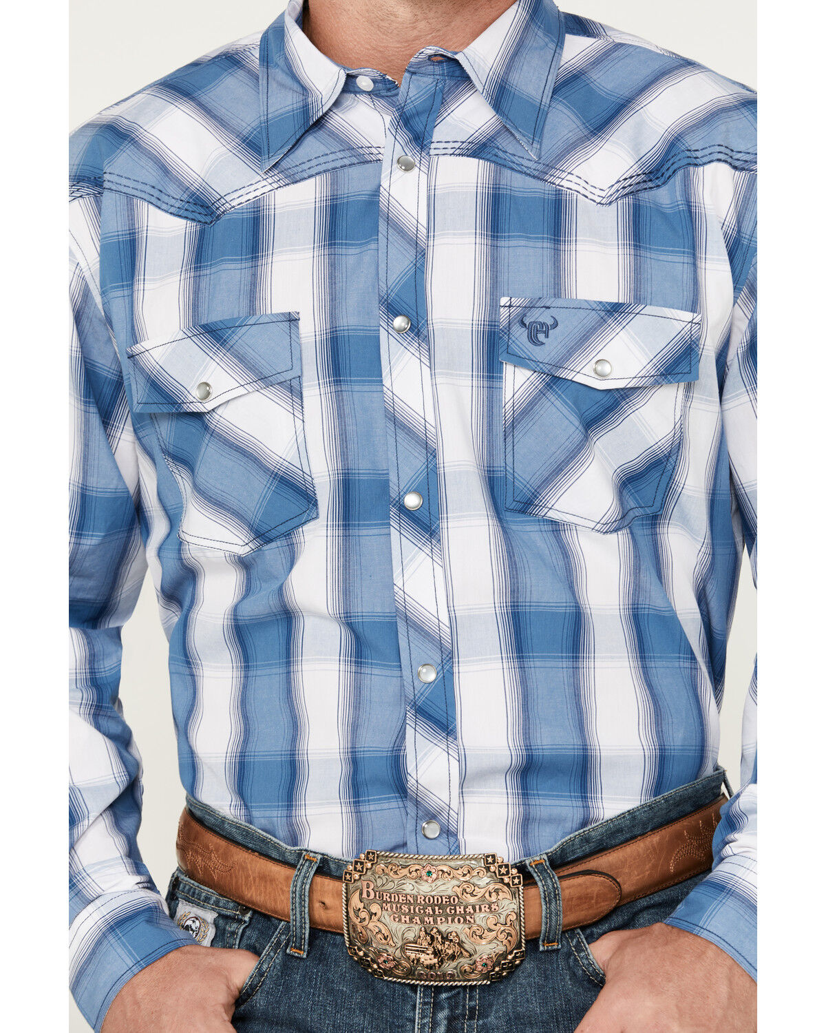 Image #2 - Cowboy Hardware Men's Hombre Plaid Print Long Sleeve Pearl Snap Western Shirt, Blue, hi-res