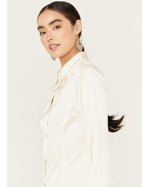Image #2 - Wrangler Women's Satin Embellished Long Sleeve Snap Western Shirt, Ivory, hi-res