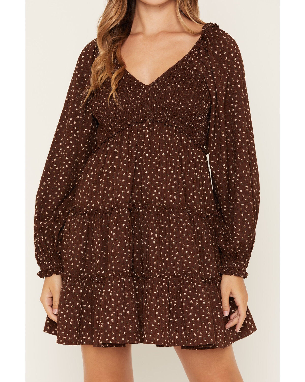 Image #3 - Yura Women's Floral Print Long Sleeve Mini Dress, Brown, hi-res
