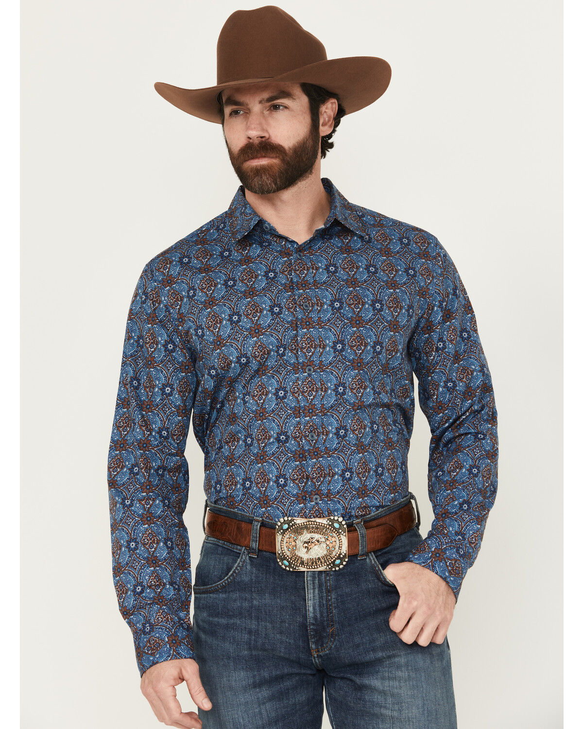 Image #1 - Gibson Trading Co Men's City Limits Medallion Print Long Sleeve Button-Down Stretch Western Shirt, Blue, hi-res